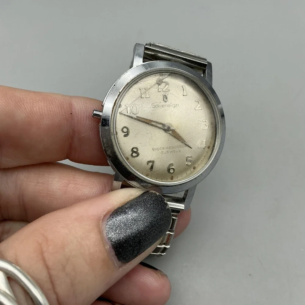 Vintage Sovereign Mens Watch 34mm Cream Dial Manual NON WORKING Wind For Parts